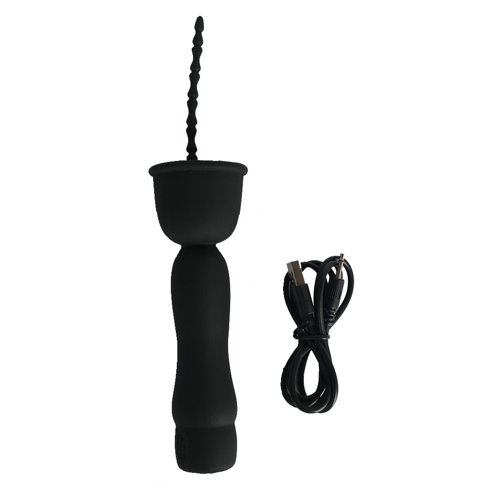 Mushroom Head 16-Frequency Vibration Urethral Stick Rechargeable Male Silicone Penis Time-Lapse Training Exercise Black