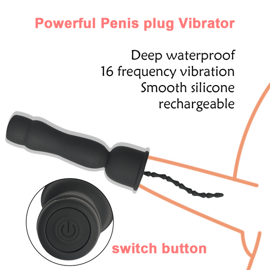 Mushroom Head 16-Frequency Vibration Urethral Stick Rechargeable Male Silicone Penis Time-Lapse Training Exercise Black