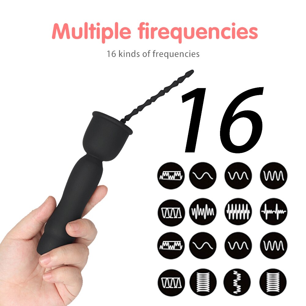 Mushroom Head 16-Frequency Vibration Urethral Stick Rechargeable Male Silicone Penis Time-Lapse Training Exercise Black