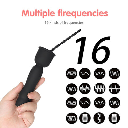 Mushroom Head 16-Frequency Vibration Urethral Stick Rechargeable Male Silicone Penis Time-Lapse Training Exercise Black