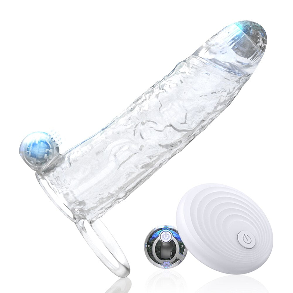 Penis Vibrator Extender Sleeve Delay Ejaculation Reusable Condom Extension Cock Ring Adult Toy for Men Dick Enlarger