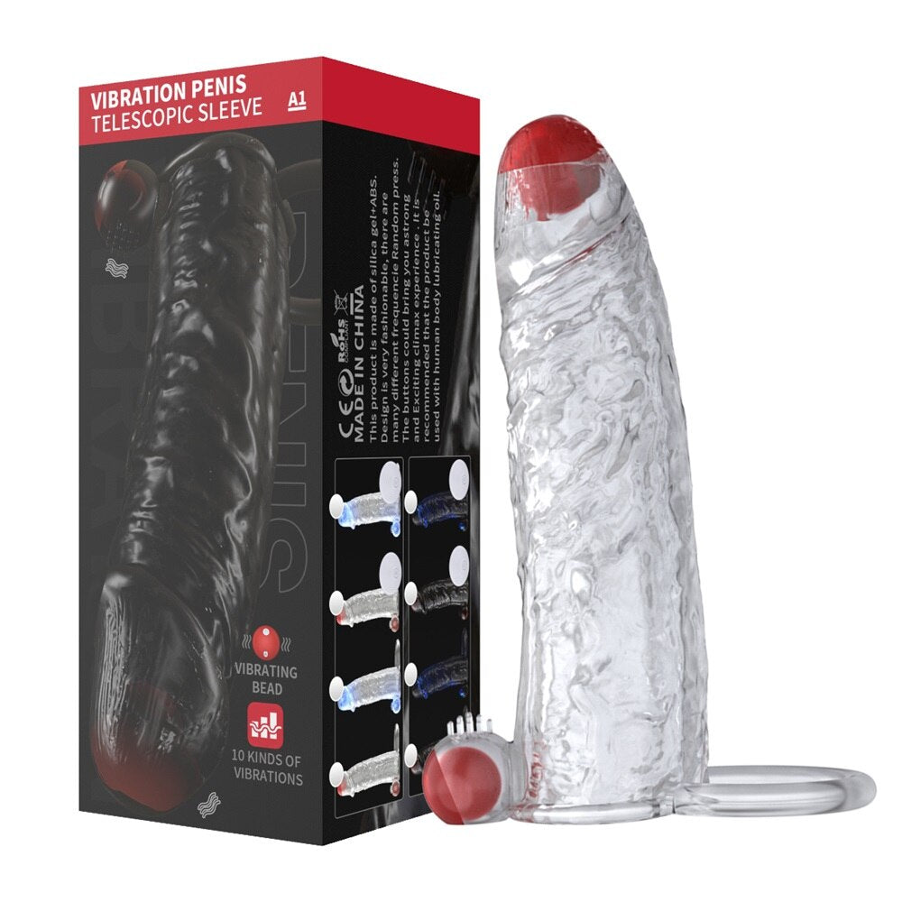 Penis Vibrator Extender Sleeve Delay Ejaculation Reusable Condom Extension Cock Ring Adult Toy for Adults Dick Enlarger