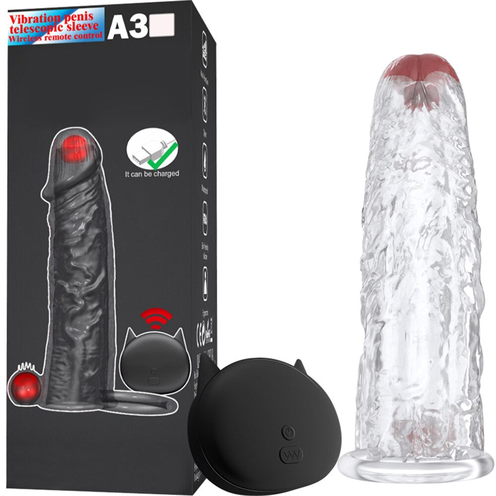 Penis Vibrator Extender Sleeve Delay Ejaculation Reusable Condom Extension Cock Ring Adult Toy for Adults Dick Enlarger