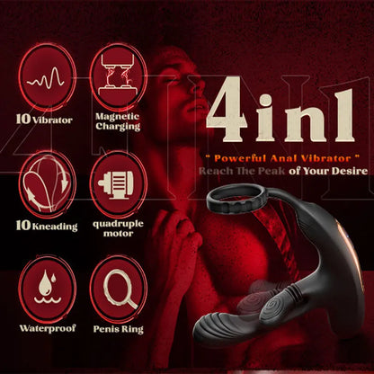 3-in-1 360° Circular Kneading Anal Vibrator Male Prostate Massager with Cock Ring Butt Plug L-Shaped Adult Sex Toy for Men 18+