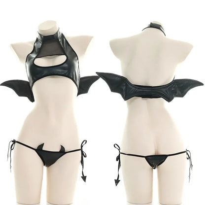Sexy Patent Leather Women Lingerie Set Little Devil Wings Underwear SM Flirting Open Chest Underwear Porn Bra Costume