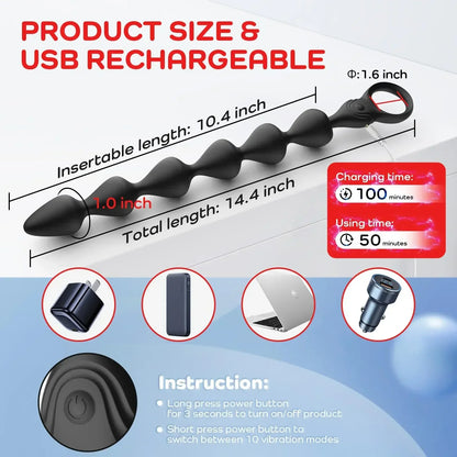 14.4 Inch Ultra-Soft Liquid Silicone Vibrating Anal Beads Butt Plug Prostate Massager Anal Sex Toys for Men Couples 18+
