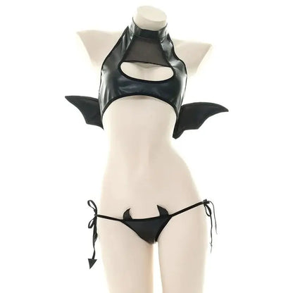 Sexy Patent Leather Women Lingerie Set Little Devil Wings Underwear SM Flirting Open Chest Underwear Porn Bra Costume