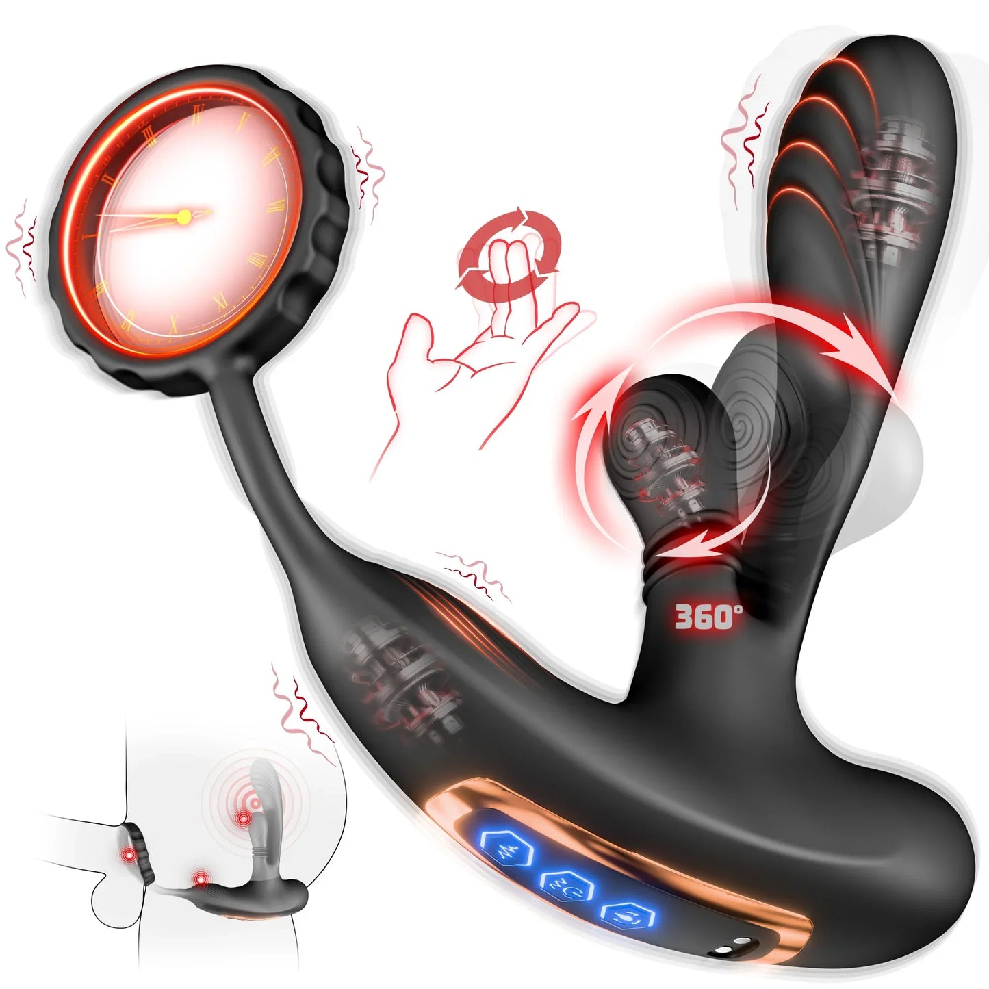 3-in-1 360° Circular Kneading Anal Vibrator Male Prostate Massager with Cock Ring Butt Plug L-Shaped Adult Sex Toy for Men 18+