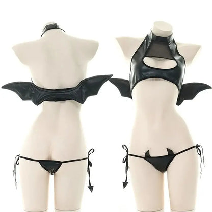 Sexy Patent Leather Women Lingerie Set Little Devil Wings Underwear SM Flirting Open Chest Underwear Porn Bra Costume
