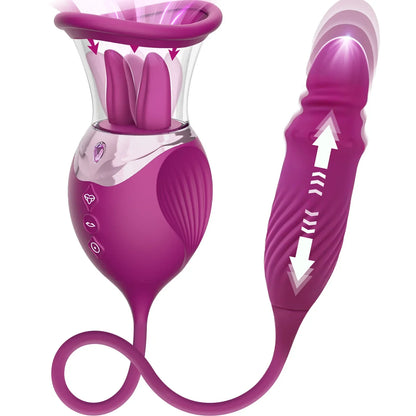 Rose Sucking Vibrator for Women 4-in-1 Thrusting Dildo, G-Spot, Nipple Sucker, Clitoris Stimulator, Vibrating Egg Adult Sex Toys