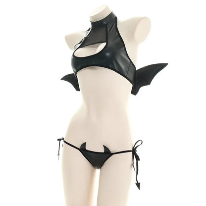 Sexy Patent Leather Women Lingerie Set Little Devil Wings Underwear SM Flirting Open Chest Underwear Porn Bra Costume