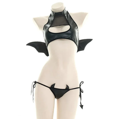 Sexy Patent Leather Women Lingerie Set Little Devil Wings Underwear SM Flirting Open Chest Underwear Porn Bra Costume