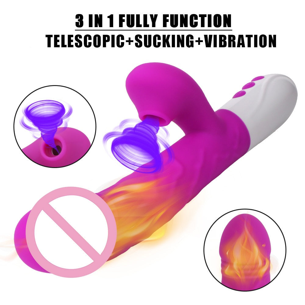 Sex Toys for Women: Heating Vagina G-Spot Stimulating Vibrators - Telescopic Rotating Dildo 3-in-1 Clitoris Sucking Rabbit Vibrator