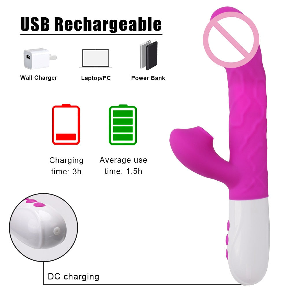 Sex Toys for Women: Heating Vagina G-Spot Stimulating Vibrators - Telescopic Rotating Dildo 3-in-1 Clitoris Sucking Rabbit Vibrator