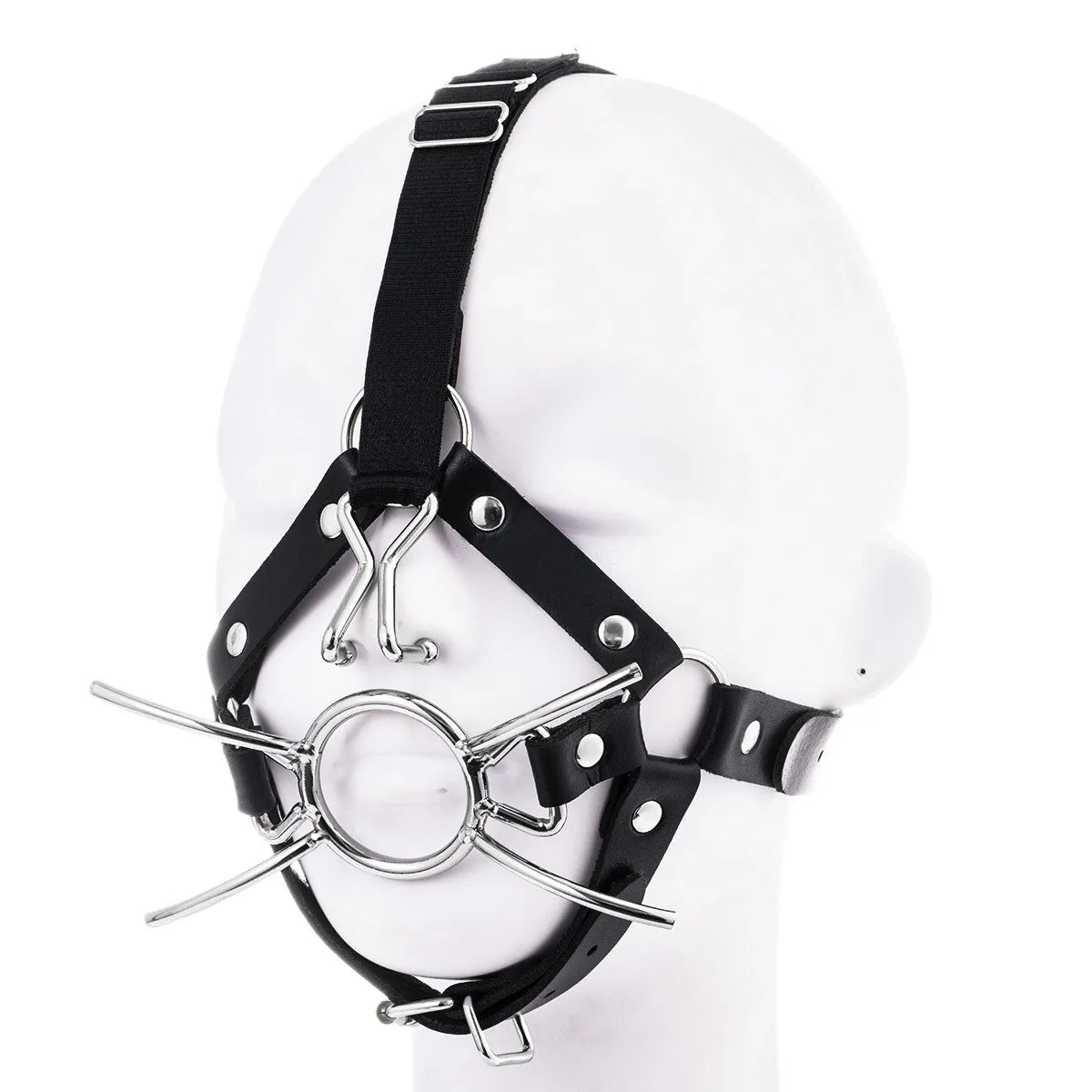 Adult Leather Head Bondage Harness Hood Mask with Metal Restraint Nose Hook Erotic Gadget for Couple BDSM Interactive Sex Toys