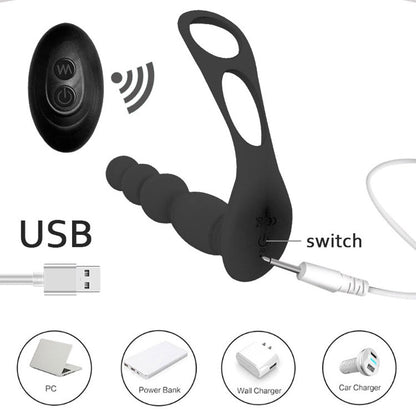 Silicone Anal Butt Plug Pull Beads with Cock Ring Prostate Massager Anal Balls Vibration Heating Erotic Anal Sex Toy for Adult