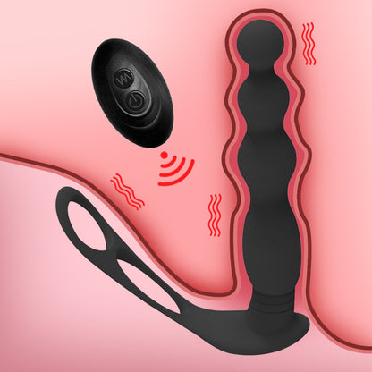 Silicone Anal Butt Plug Pull Beads with Cock Ring Prostate Massager Anal Balls Vibration Heating Erotic Anal Sex Toy for Adult