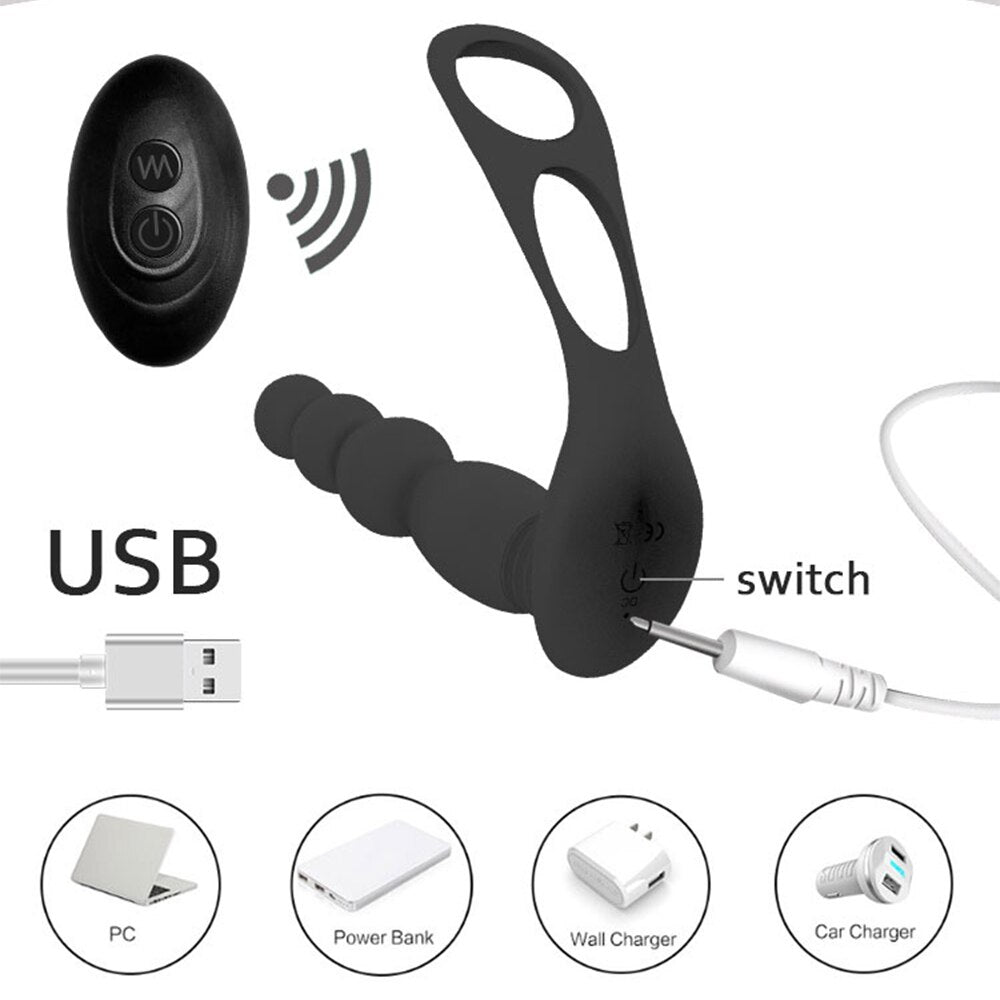 Silicone Anal Butt Plug Pull Beads with Cock Ring Prostate Massager Anal Balls Vibration Heating Erotic Anal Sex Toy for Adult