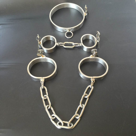 Stainless Steel Slave Flirt Wrist Handcuffs Ankle Cuffs Neck Collar Chain BDSM Shackle Bondage Invisible Lock Fetish Sex Toys
