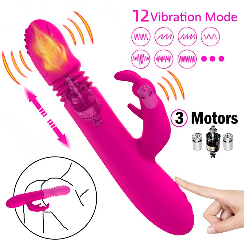 Telescopic Rabbit Vibrator with Heating, Rotating G-Spot Dildo Vibrator, Anal Clit Stimulator, Female Masturbation Sex Toy for Women