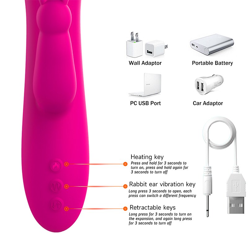 Telescopic Rabbit Vibrator with Heating, Rotating G-Spot Dildo Vibrator, Anal Clit Stimulator, Female Masturbation Sex Toy for Women