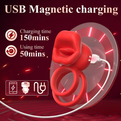 Vibrating Penis Ring with Tongue Licking Clitoral Stimulator, Delay Ejaculation Cockring Penisring, Sex Toys for Men, Adults 18+