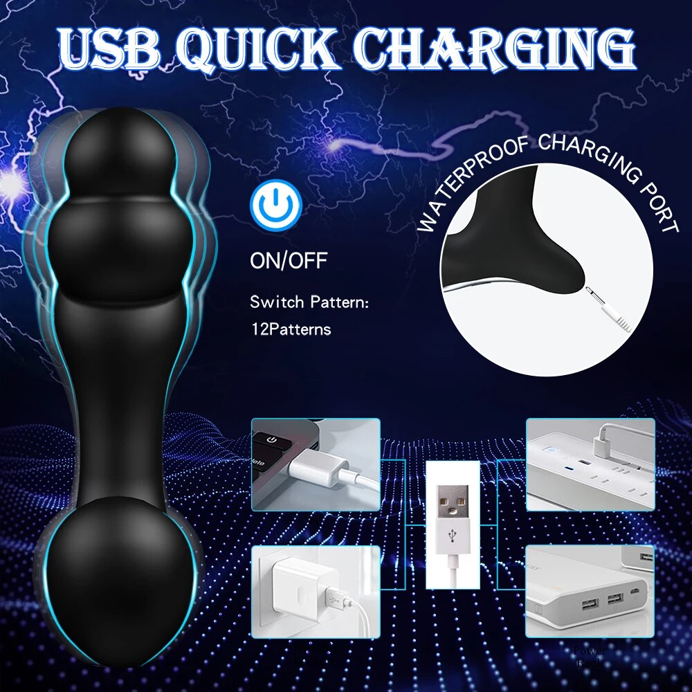 Vibrating Prostate Massager Anal Training Butt Plug 12 Vibration Modes G-Spot Vibrator Anal Beads Stimulator Device