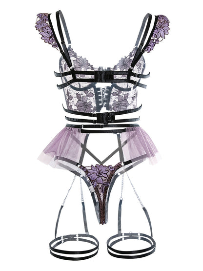 Women's Seductive Sheer Gauze Fishnet Lingerie Set with Floral Embroidery - V Neck Open Back Off The Shoulder Comfortable Bra with Underwire & Thong & Waistband with Chain Garter Belt - Perfect for Uniform Temptation