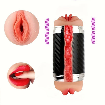 2-in-1 Male Masturbators with Vibration Modes, Stimulator, Double-Sided Pocket Pussy Toy, Realistic Texture Male Masturbation Cup, Silicone Hands-Free Stroker Sex Toy