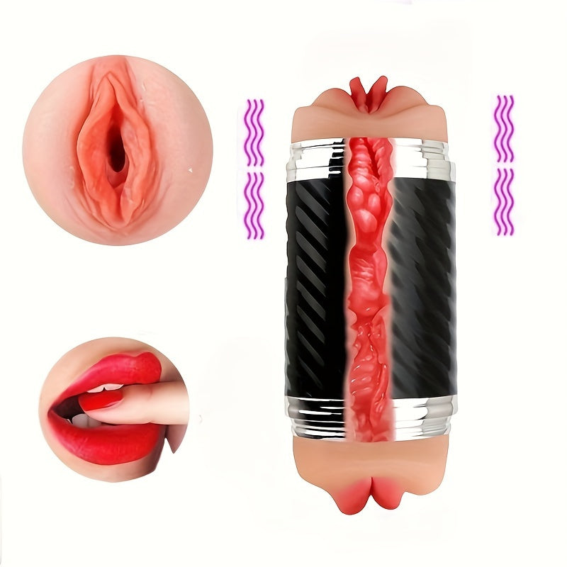 2-in-1 Male Masturbators with Vibration Modes, Stimulator, Double-Sided Pocket Pussy Toy, Realistic Texture Male Masturbation Cup, Silicone Hands-Free Stroker Sex Toy